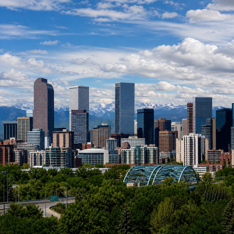Denver skyline with the Rocky Mountains